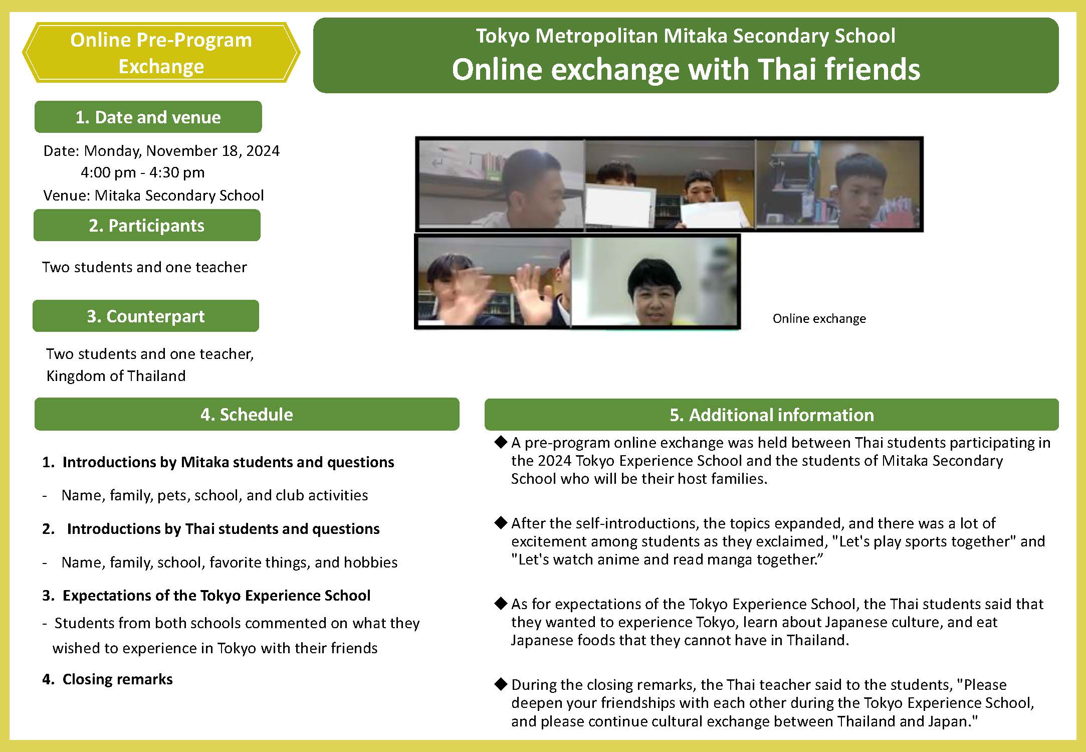 Mitaka Secondary School had an online exchange with Thai friends.