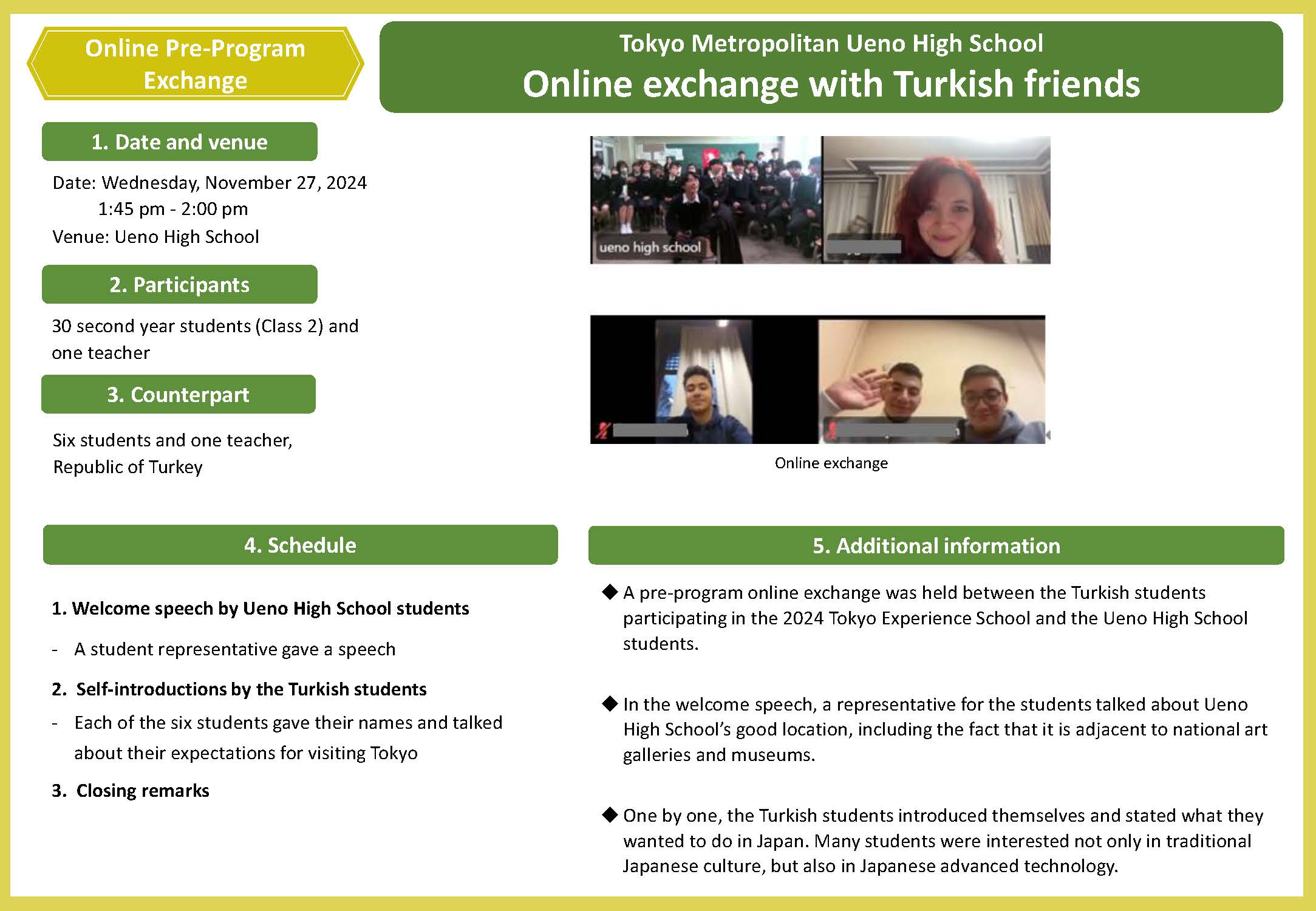 Ueno High School had an online exchange with Turkish friends.